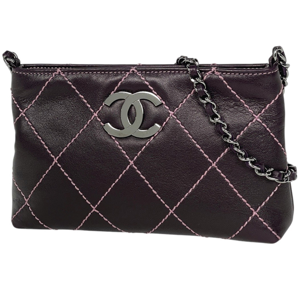 Chanel CHANEL Accessory Pouch Wild Stitch Coco Mark Leather Purple Women's